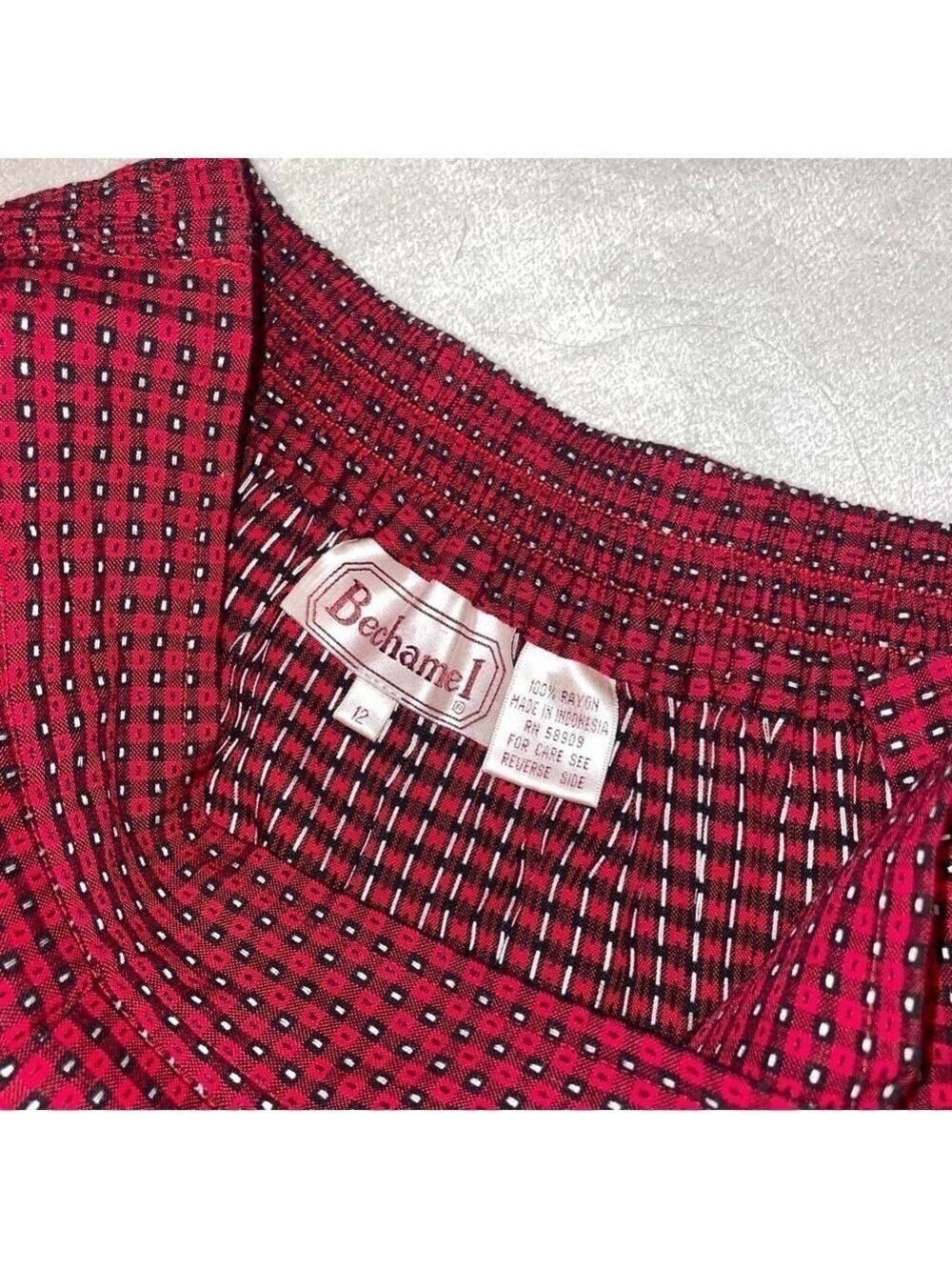Vintage 90s Bechamel Red Geometric Rayon Midi Skirt High Waist Button Detail Cot - Picture 8 of 11